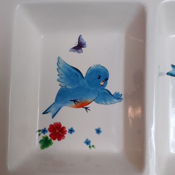 Snack Dip Tray Three Compartment Bluebirds Flowers Butterfly White Blue … - Picture 5 of 14